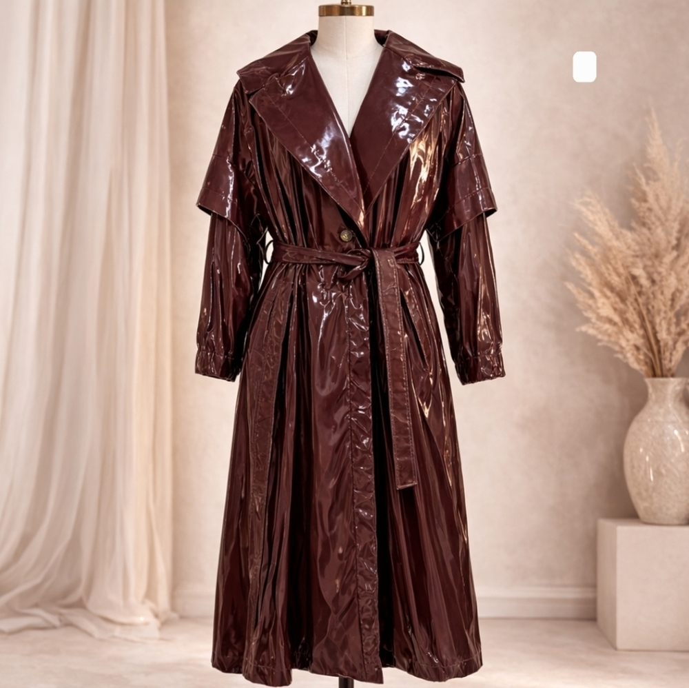 Palmer Harding Burgundy Patent Leather Look Trench Belted Statement Coat NWT